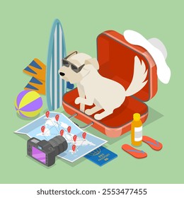 3D Isometric Flat Vector Illustration of Ready To Trip, Joyful Dog In Shades Relaxing In Unzipped Suitcase