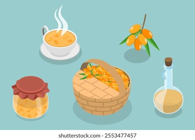 3D Isometric Flat Vector Illustration of Sea Buckthorn Products, Natural Product Set