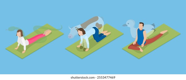 3D Isometric Flat Vector Illustration of Animal Yoga Poses, People Engaged In Animal-Inspired Yoga Exercises