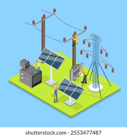 3D Isometric Flat Vector Illustration of Green Renewable Energy, Installation And Configuration Of Solar Panel Systems