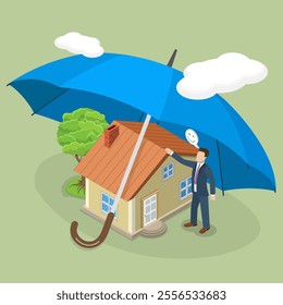 3D Isometric Flat Vector Illustration of Home Insurance, Residential Building Protection Under Strong Cover Umbrella