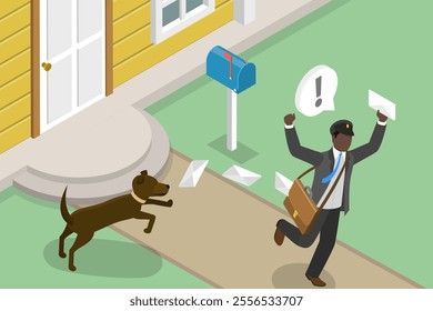 3D Isometric Flat Vector Illustration of Frightened Postal Worker , Mailman Fleeing Furious Security Dog