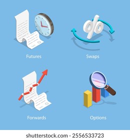 3D Isometric Flat Vector Illustration of Types Of Derivatives, Financial Investments