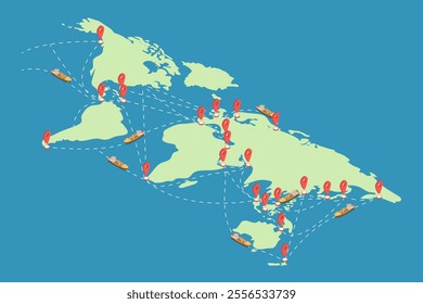 3D Isometric Flat Vector Illustration of Maritime Shipping Routes, Supply Chains