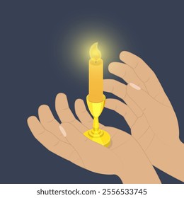 3D Isometric Flat Vector Illustration of Memorial Condolence , Burning Candle in a Hand