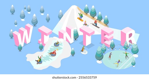 3D Isometric Flat Vector Illustration of Winter Sports, Recreational Activities To Enjoy During The Cold And Snowy Season