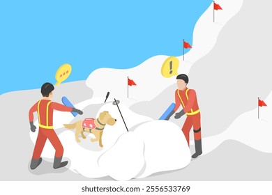 3D Isometric Flat Vector Illustration of Avalanche Rescue, Lifesavers Digging a Person out of Snow