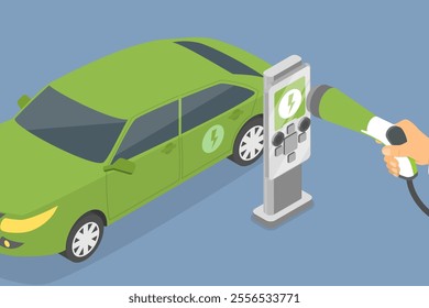 3D Isometric Flat Vector Illustration of Electric Car At Charging Station, Clean Energy