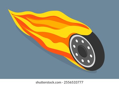 3D Isometric Flat Vector Illustration of Fast Car Wheel, Burning Rubber, A Tire On Fire