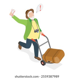 3D Isometric Flat Vector Illustration of Hurrying Tourists, Fast-Paced Visitors in a Hurry. Item 5