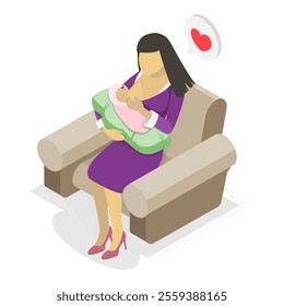 3D Isometric Flat Vector Illustration of Breastfeeding Positions, Mother Feeding Baby with Breast. Item 4