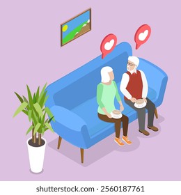 3D Isometric Flat Vector Illustration of Chatting Senior Couple , Family Spending Time