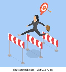 3D Isometric Flat Vector Illustration of Challenge, Success Journey, Confidence Entrepreneur Overcoming Hurdles With Determination