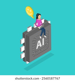 3D Isometric Flat Vector Illustration of Collaboration with AI, Utilizing AI Technology For Enhanced Work Performance And Efficiency