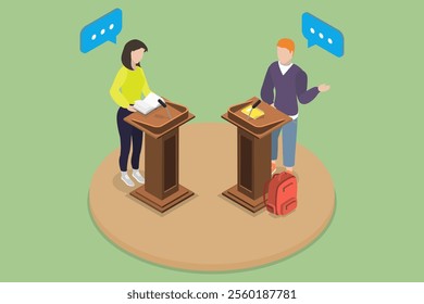 3D Isometric Flat Vector Illustration of Student Debates, Teaching Communication And Persuasion Techniques