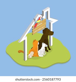 3D Isometric Flat Vector Illustration of Domestic Animal Daycare, Services For Furry Friends