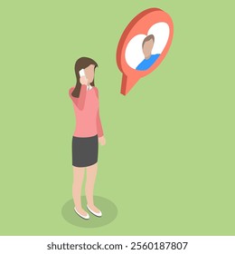 3D Isometric Flat Vector Illustration of Distant Relationship, Woman Calls to her Boyfriend