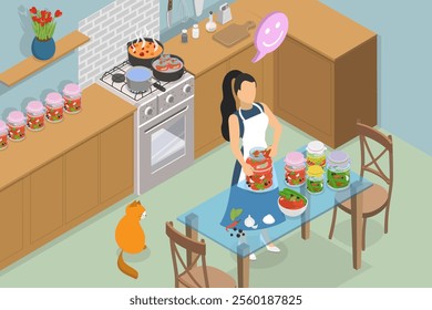 3D Isometric Flat Vector Illustration of Preserving Vegetables, Homemade Canned Food