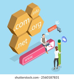 3D Isometric Flat Vector Illustration of Internet Technology, Idea Of Registering A Domain