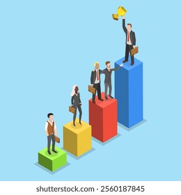 3D Isometric Flat Vector Illustration of Successful Teamwork, Accomplishment or Reaching Business Goal