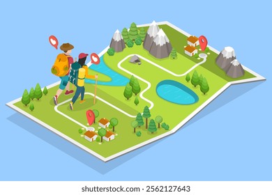 3D Isometric Flat Vector Illustration of Hiking Map, Hikers Exploring The Great Outdoors