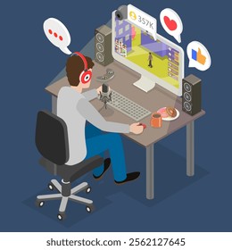 3D Isometric Flat Vector Illustration of Online Gaming, E-sport Gamer Live Streaming