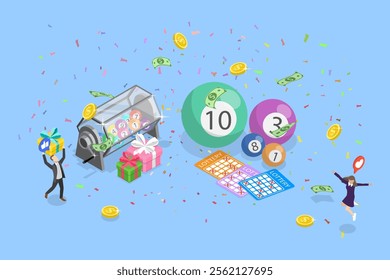 3D Isometric Flat Vector Illustration of Playing Bingo with Friends, Leisure Activities