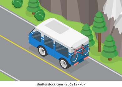 3D Isometric Flat Vector Illustration of Car Summer Traveling, Mountain Road Trip