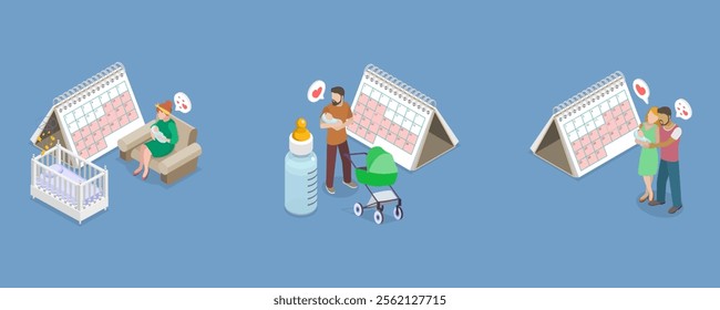 3D Isometric Flat Vector Illustration of Maternity And Paternity Leave, Caring For Newborn Infants