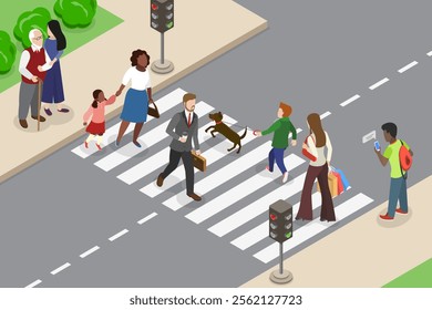 3D Isometric Flat Vector Illustration of Zebra Crosswalk, Pedestrians Safely Navigate City Streets Using Traffic Signals