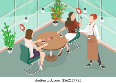 3D Isometric Flat Vector Illustration of Lunch With Friend , A Person Paying For Meal In A Restaurant Using Credit Card