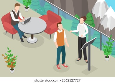 3D Isometric Flat Vector Illustration of Hotel Rooftop Terrace, Mountain Resort Restaurant