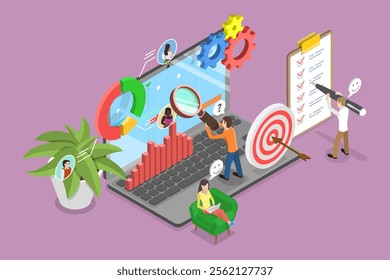 3D Isometric Flat Vector Illustration of Project Plan and Organization, Productivity and Mrketing Analysis