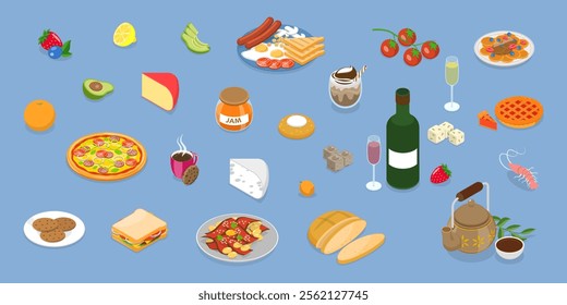 3D Isometric Flat Vector Illustration of Wine And Cheese Collection, French Cuisine