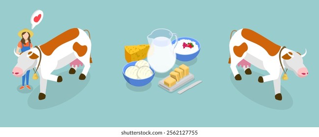 3D Isometric Flat Vector Illustration of Dairy Farm, Milk Products