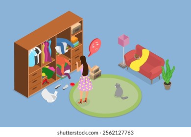 3D Isometric Flat Vector Illustration of Chaos In Open Closet, Messy Clothes in Wardrobe