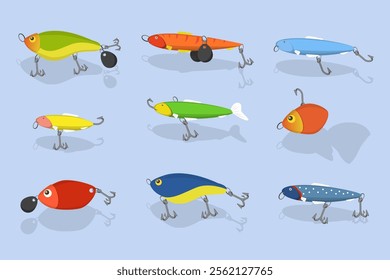 3D Isometric Flat Vector Illustration of Fishing Bait Collection, Fisherman Tackle and Artificial Fishes