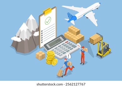 3D Isometric Flat Vector Illustration of Worldwide Shipment, Customs Inspector Inspects Cargo And Calculates Import Fees With Tax Form