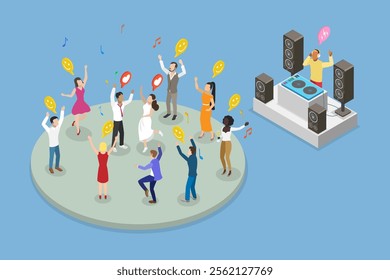 3D Isometric Flat Vector Illustration of Wedding Dancing, DJ Mixing Tracks