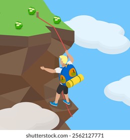 3D Isometric Flat Vector Illustration of Mountaineering, Scaling A Steep Rock Face