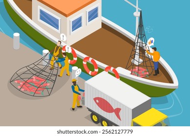 3D Isometric Flat Vector Illustration of Commercial Fishing Industry, Net Fishery Ship