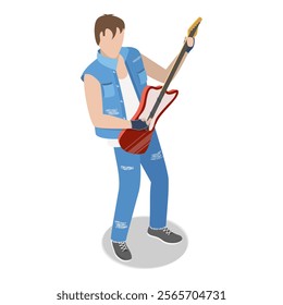 3D Isometric Flat Vector Illustration of Rock Musicians, Young Artists Playing Music Instruments. Item 10