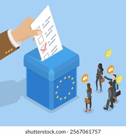 3D Isometric Flat Vector Illustration of EU Voting, Participating In Elections In The European Union