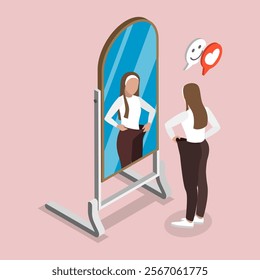 3D Isometric Flat Vector Illustration of Weightloss Journey, Joyful Woman Achieves Weight Loss Through Exercise And Healthy Eating By Fitting In Oversized Pants