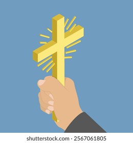 3D Isometric Flat Vector Illustration of Golden Christian Crucifix, Catholicism Concept