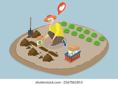 3D Isometric Flat Vector Illustration of Senior Hobby, Old Lady Plants Flower Seeds In Soil For Garden In Backyard