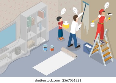 3D Isometric Flat Vector Illustration of Home Renovation, Family Bonds Strengthened Through Home Repair And Wall Painting Session.