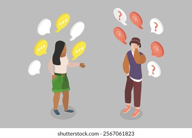 3D Isometric Flat Vector Illustration of Chatty Girlfriend, Talking to Much