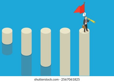 3D Isometric Flat Vector Illustration of New Achiverment, Success Business Person Seeking Next Challenge