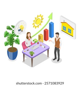3D Isometric Flat Vector Illustration of Going Solar , Solar Energy Process from Beginning to End. Item 1